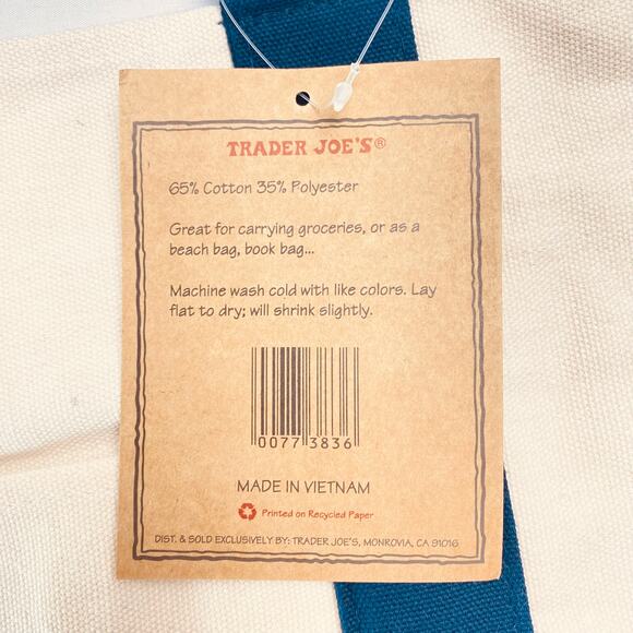 TRADER JOE'S Set of 2 -Reusable Cavas Tote Bag in Natural and Navy Blue - NWT - Picture 4 of 6